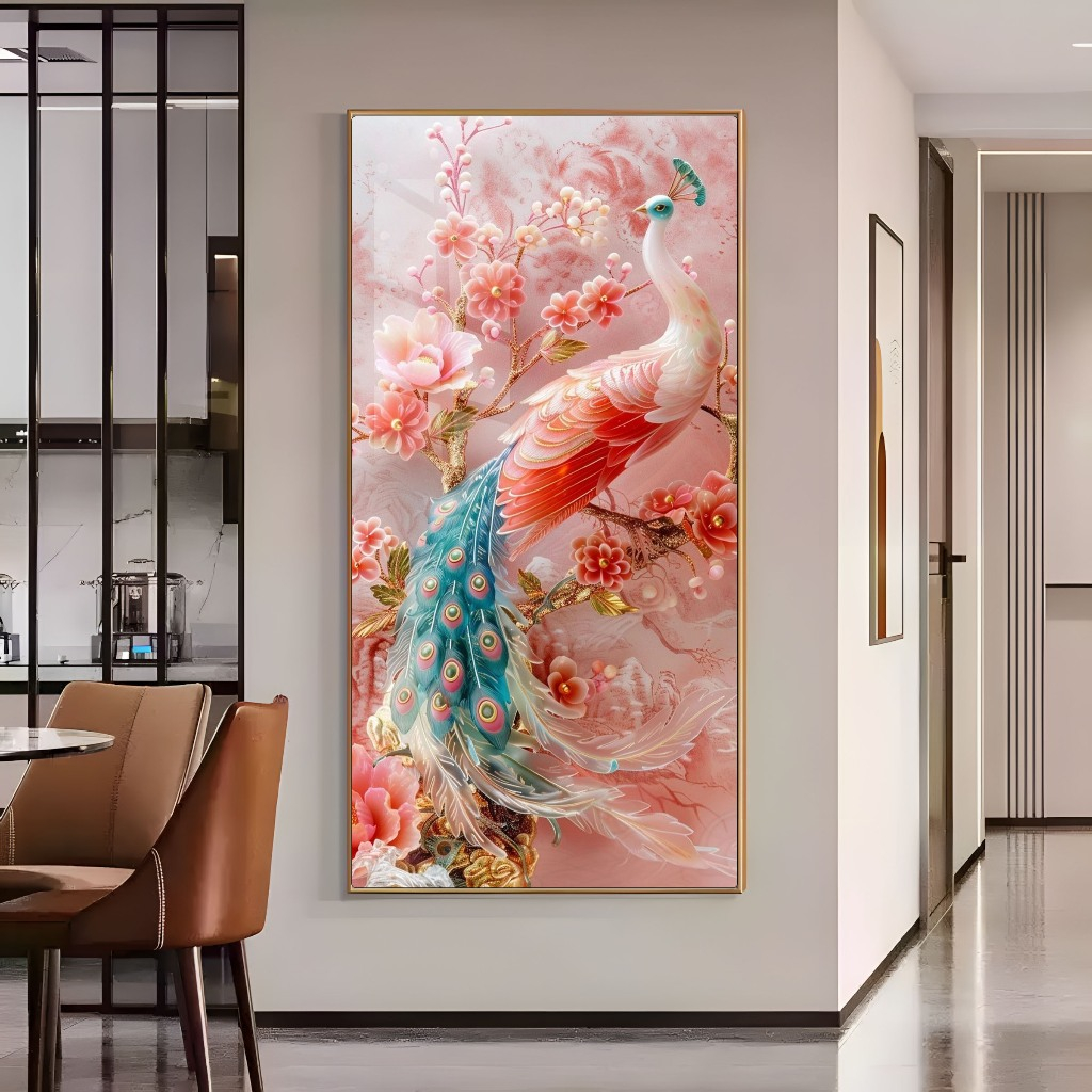 Tranh Tráng Gương "Chim Công " Tranh Decor - Tranh Treo Phòng khách, Tranh Treo phòng ngủ, Tranh tráng gương cao cấp