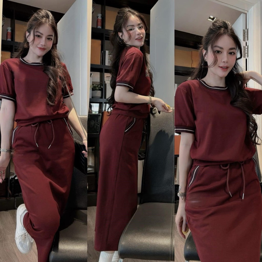 Set đồ nữ DONNA HCOM25454 chất umi mềm mijnaso thun mix chân váy suông dài, đồ bộ nữ trẻ trung năng động
