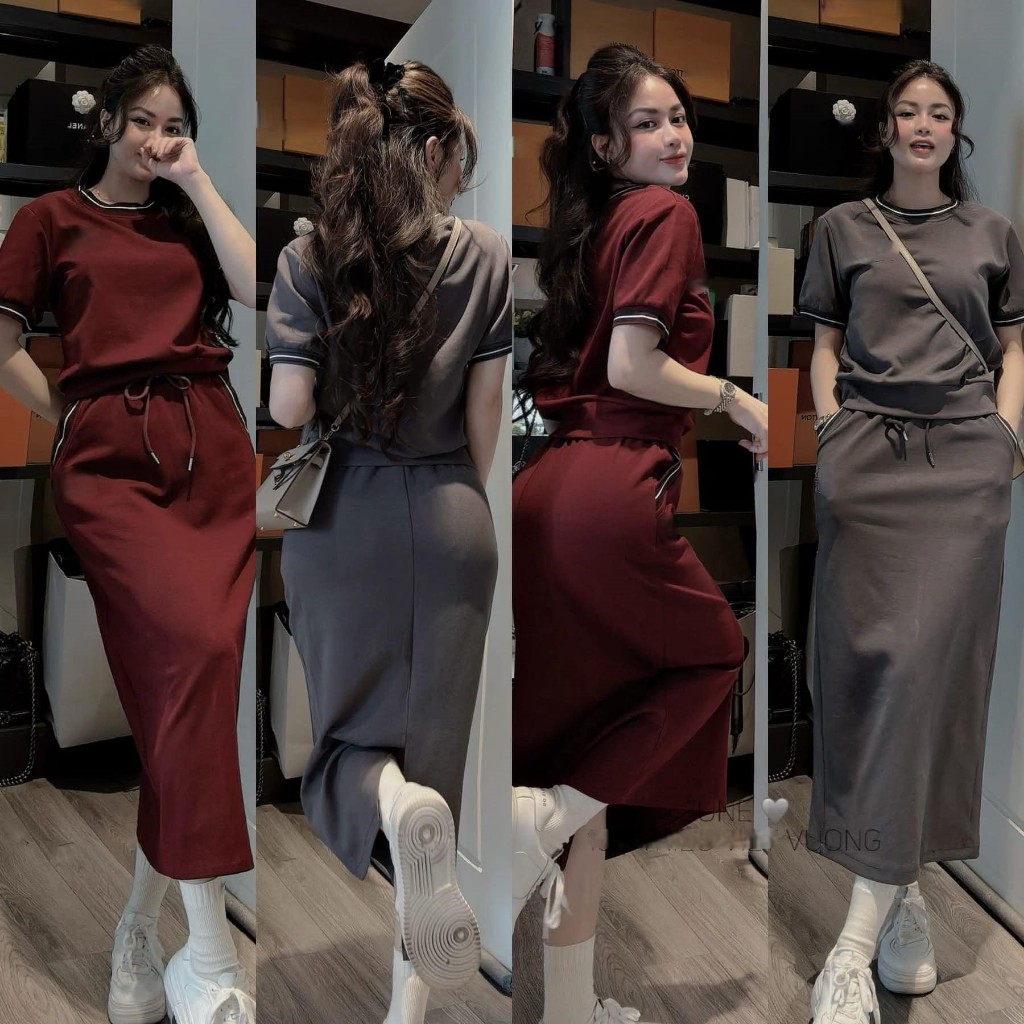 Set đồ nữ DONNA HCOM25454 chất umi mềm mijnaso thun mix chân váy suông dài, đồ bộ nữ trẻ trung năng động