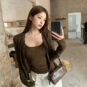 Set Cardigan Ren Nữ Cổ Tròn Kèm Áo 2 Dây Hoa Thêu Tiểu Thư Thanh Lịch Mùa Thu Đông Kimee - KA933