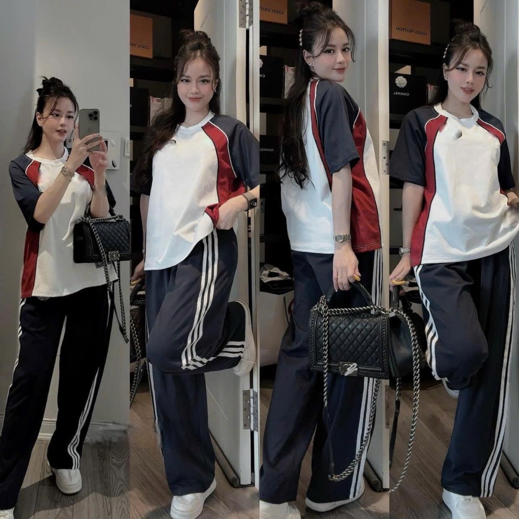 Set đồ nữ,đồ bộ nữ DONA HCOM3356 áo phông cộc tay phối 2 màu mix quần suông kẻ sọc dáng thể thao