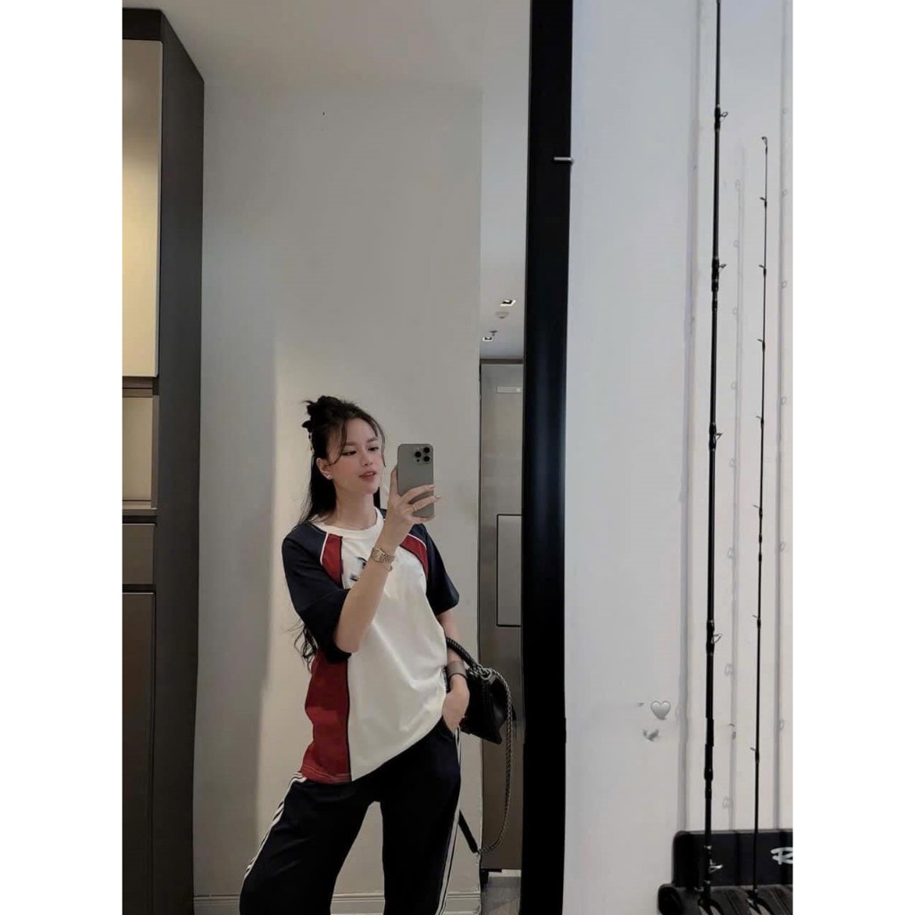 Set đồ nữ,đồ bộ nữ DONA HCOM3356 áo phông cộc tay phối 2 màu mix quần suông kẻ sọc dáng thể thao