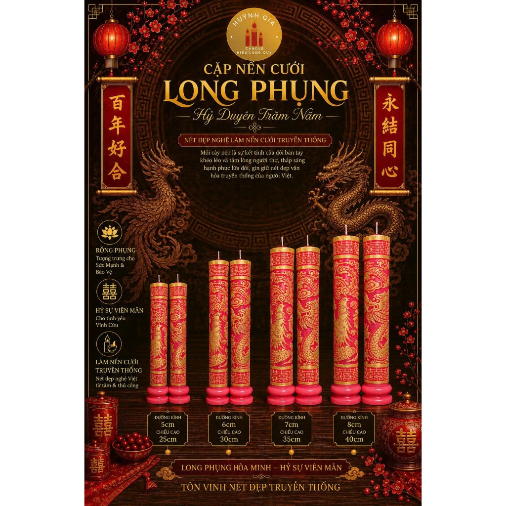 (màu Hồng) Nến Cưới Rồng Phụng Cao Cấp | Đèn Cầy Cưới Long Phụng | Lễ Gia Tiên - Ăn Hỏi - Huỳnh Gia Candle