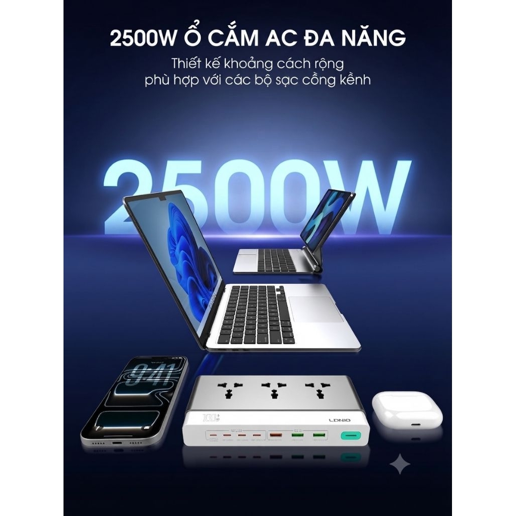 [No.1 Ổ Điện Toàn Cầu] Ổ Cắm Điện GaN Để Bàn LDNIO SC3 Công Suất 2500W - 10-in-1