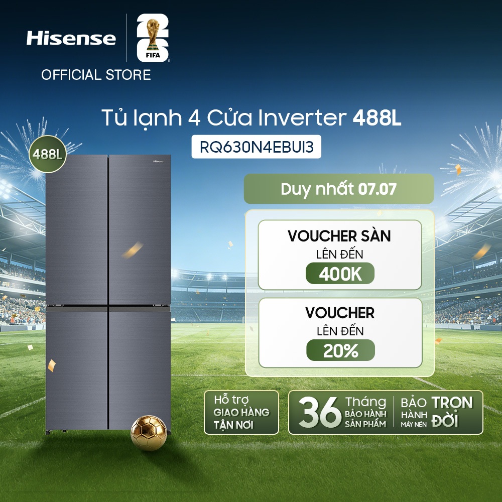 Tủ lạnh 4 Cửa Hisense 488L Inverter RQ630N4EBUI3 - Tiết kiệm | Tự làm đá | Kết nối Wifi - BH 3 Năm - Miễn Phí Giao Hàng