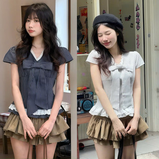 Áo Kiểu Bèo Kẻ Sọc Cổ Tim Phối Ren Kèm Nơ Xinh Xắn Đáng Yêu, Áo Kẻ Sọc Cổ Tim Dễ Thương Tiểu Thư