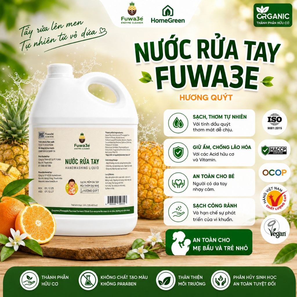 Nước rửa tay hữu cơ Fuwa3e tinh dầu quýt từ chế phẩm Enzyme sinh học an toàn cho mọi loại da 3.8l