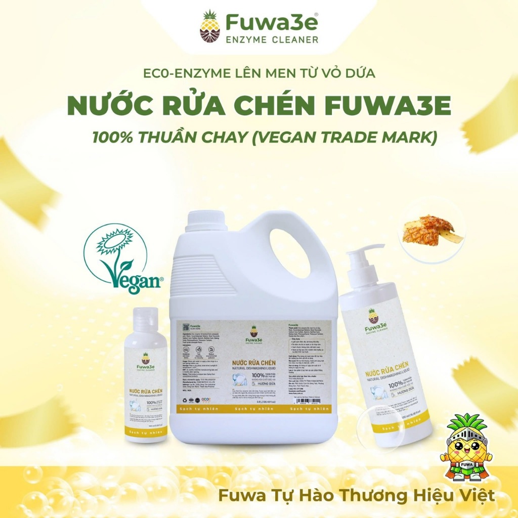 Nước rửa chén sinh học Fuwa3e 3.8l lên men tự nhiên từ vỏ dứa dịu lành cho da tay an toàn cho cả gia đình