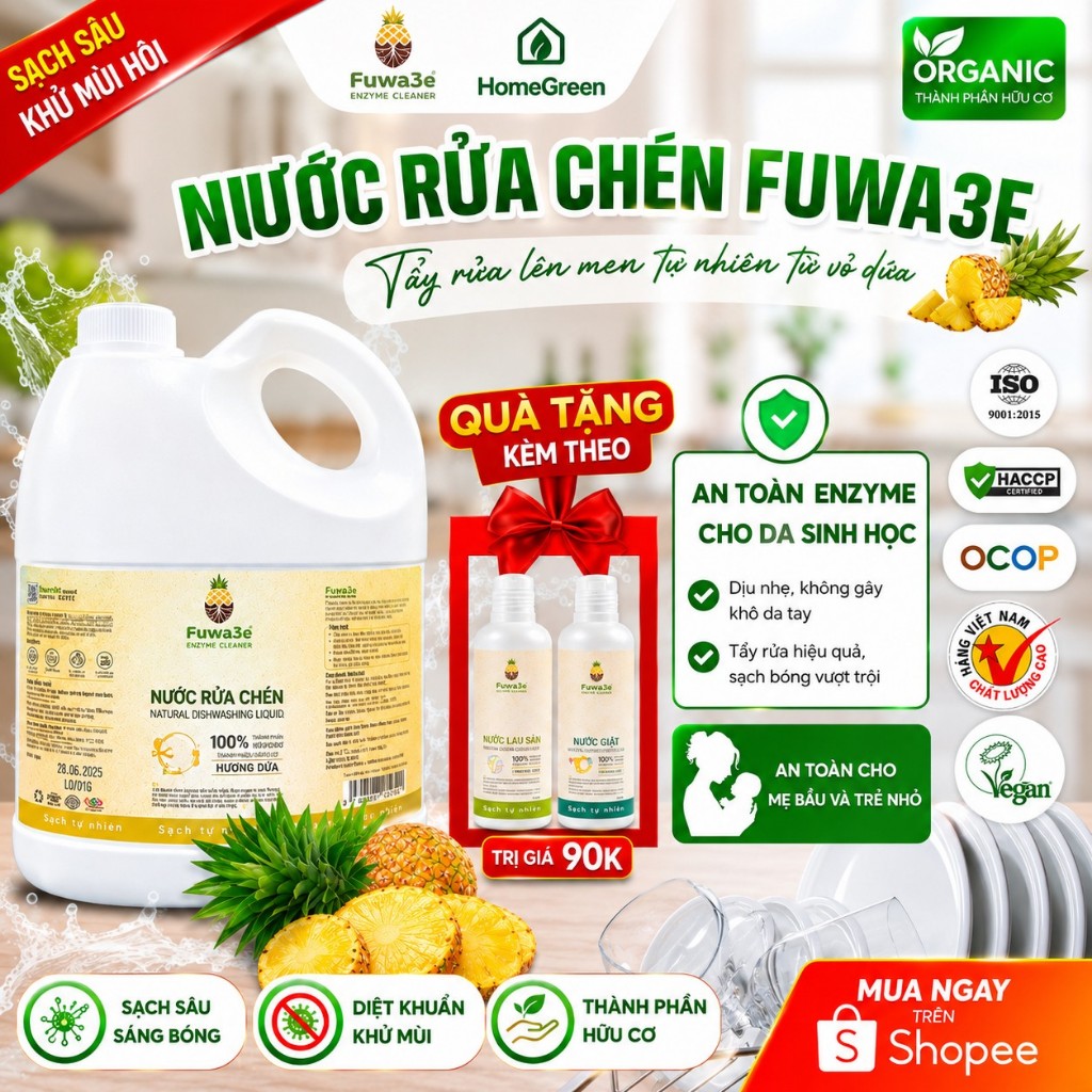 Nước rửa chén sinh học Fuwa3e 3.8l lên men tự nhiên từ vỏ dứa dịu lành cho da tay an toàn cho cả gia đình