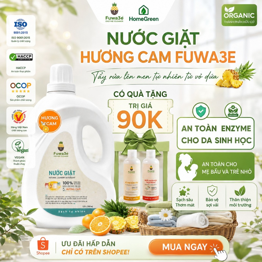 Nước giặt sinh học Fuwa3e Enzyme hương cam an toàn cho bé dịu lành cho da dung tích 3,5L