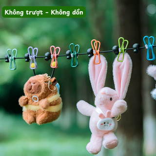 Dây Phơi Quần Áo Du Lịch 12 Kẹp - Dây Phơi Di Động Co Dãn,Chống Gió, Móc Carabiner Treo Quần Áo Tiện Lợi Cắm Trại