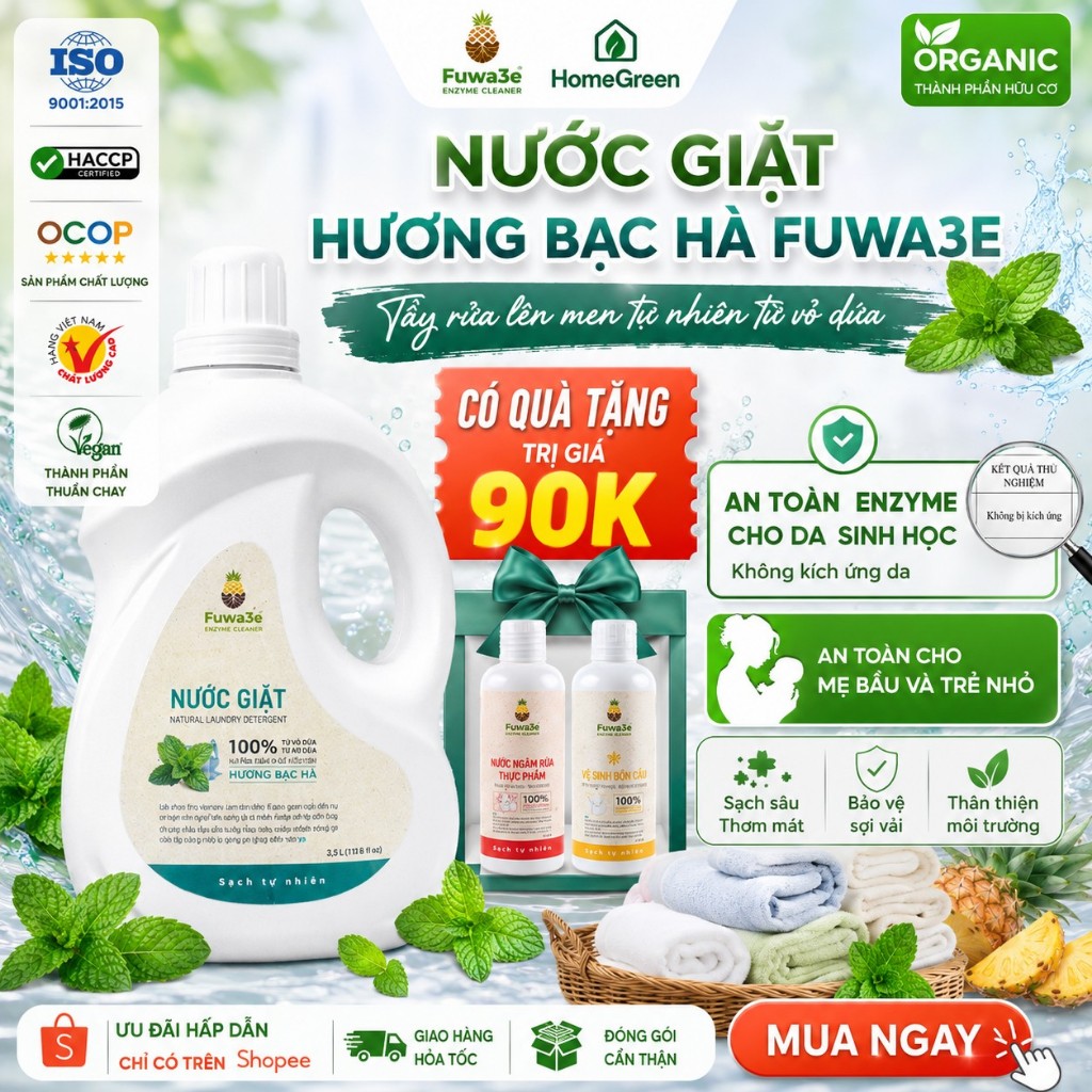 Nước giặt Fuwa3e enzyme sinh học an toàn cho da nhạy cảm, không hóa chất độc hại dung tích 3.5L