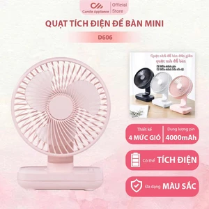 Quạt tích điện quạt mini D606 để bàn pin 4000mah dùng liên tục đến 15h xoay 90 độ - 4 chế độ gió làm mát, chạy êm D606