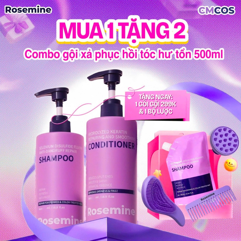 A01_ [DEAL QUÀ BỘ TÍM] Combo Gội Xả Phục Hồi Tóc Hư Tổn Rosemine 500ml + 1 Gói Gội 300ml+ 1 Bộ Lược