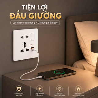 Công tắc ổ cắm âm tường 86 Màu trắng, PC chống cháy, USB Type-C, cổng mạng, 1/2/3/4 nút.