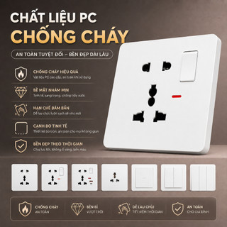 Công tắc ổ cắm âm tường 86 Màu trắng, PC chống cháy, USB Type-C, cổng mạng, 1/2/3/4 nút.