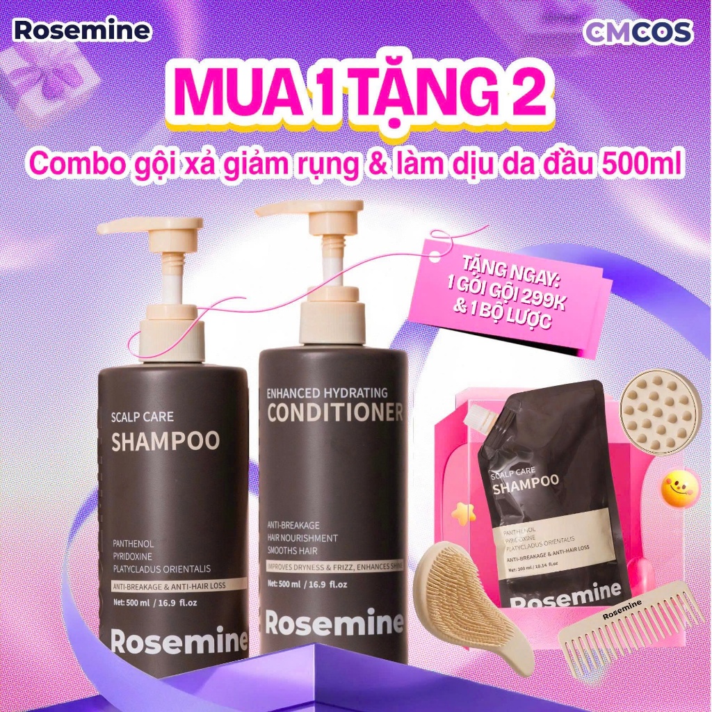 A02_ [DEAL QUÀ BỘ NÂU] Combo Gội Xả Giảm Rụng & Làm Dịu Da Đầu Rosemine 500ml + 1 Gói Gội 300ml & 1 Bộ Lược