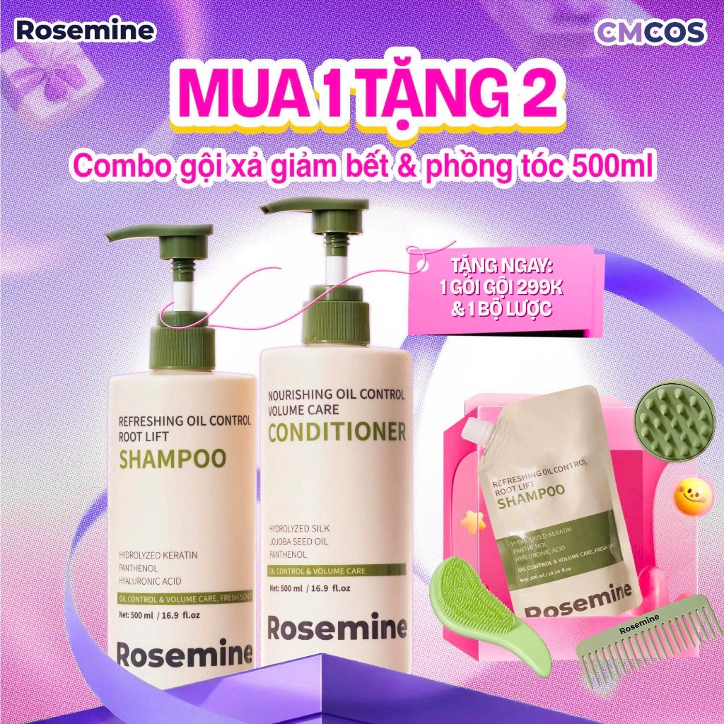 A03_ [DEAL QUÀ BỘ BE] Combo Gội Xả Giảm Bết & Phồng Tóc Rosemine 500ml + 1 Gói Gội 300ml & 1 Bộ Lược