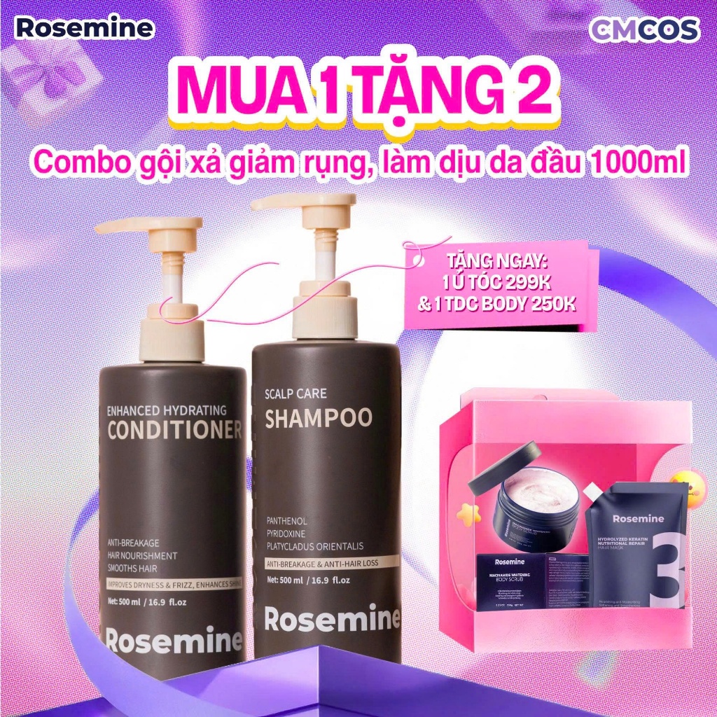 C43_ [DEAL QUÀ BỘ NÂU] Combo Gội Xả Giảm Rụng & Làm Dịu Da Đầu Rosemine 1000ml + 1 Ủ Tóc & 1 TDC Body