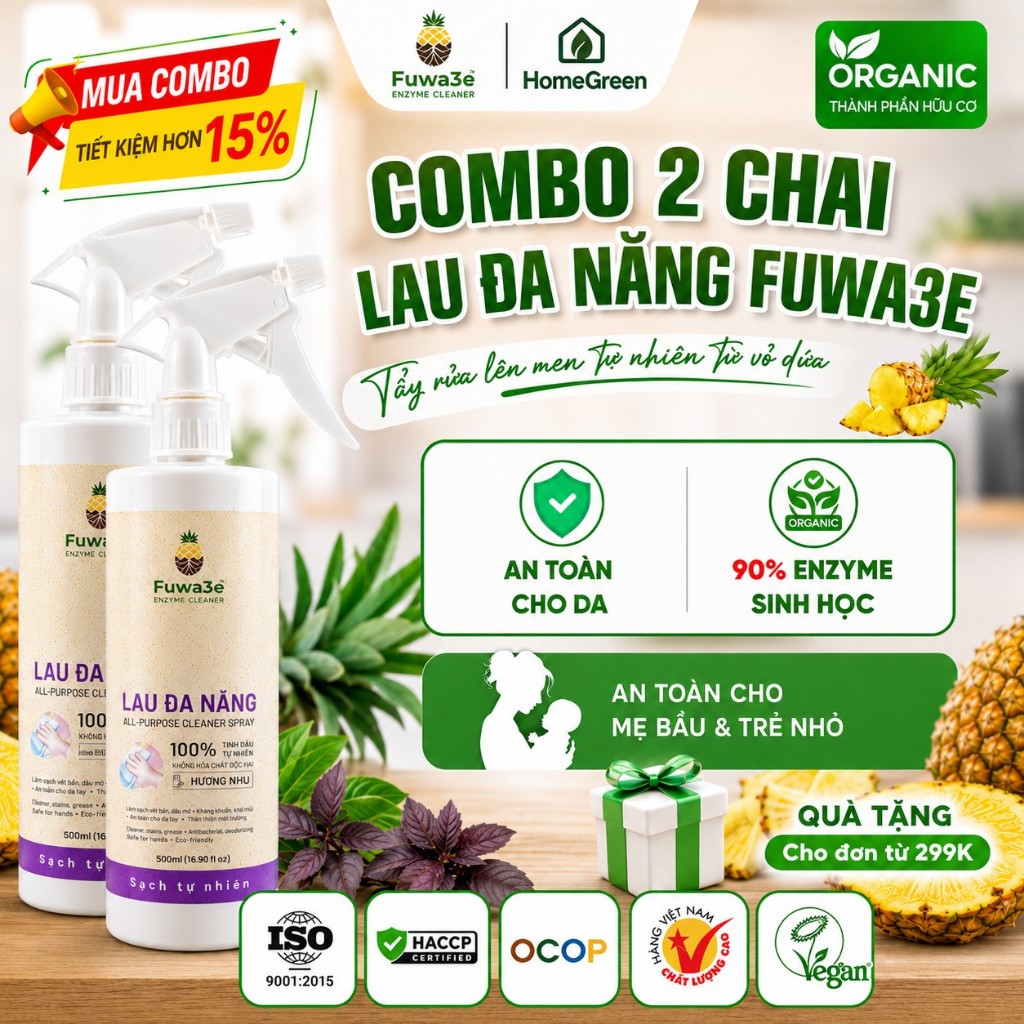 Combo 2 Chai Xịt Lau Đa Năng Sinh Học Fuwa3e Hương Nhu 500ml – Tẩy Dầu Mỡ, Khử Mùi, An Toàn Cho Gia Đình