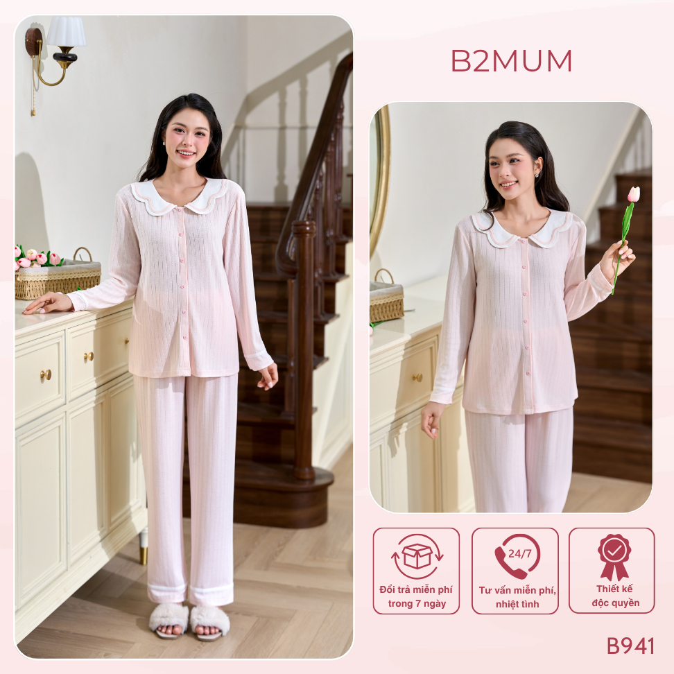 Bộ Đồ Bầu Và Sau Sinh Dài Tay Hồng Pastel Gân Tăm, Cổ Sen Viền Trắng – Mềm Mát, Co Giãn Liora Set B941 By B2MUM