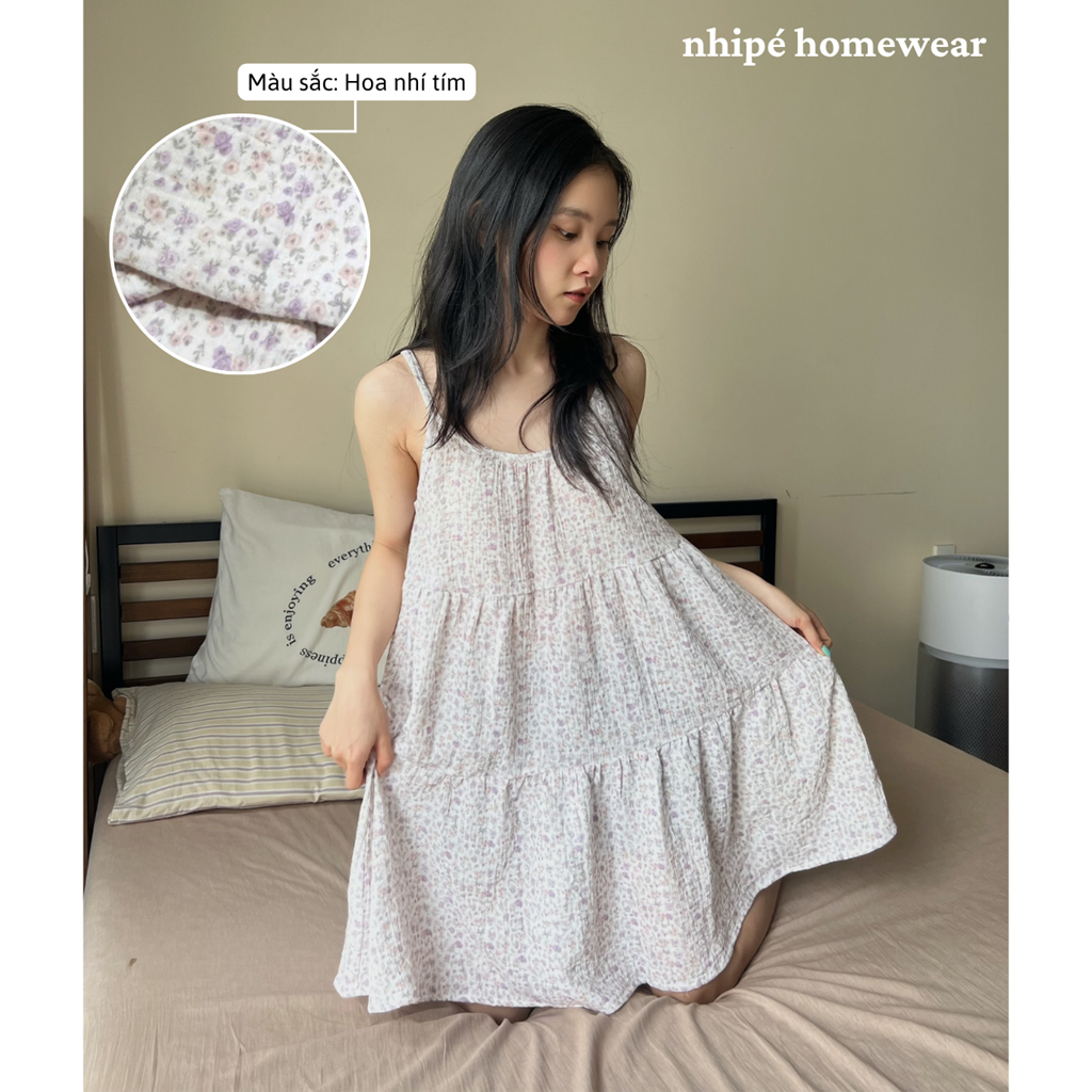 Đầm ngắn 2 dây nữ xô muslin nhipé homewear 3 tầng xòe mặc nhà mặc ngủ chất liệu xô cao cấp thoáng mát họa tiết dễ thương