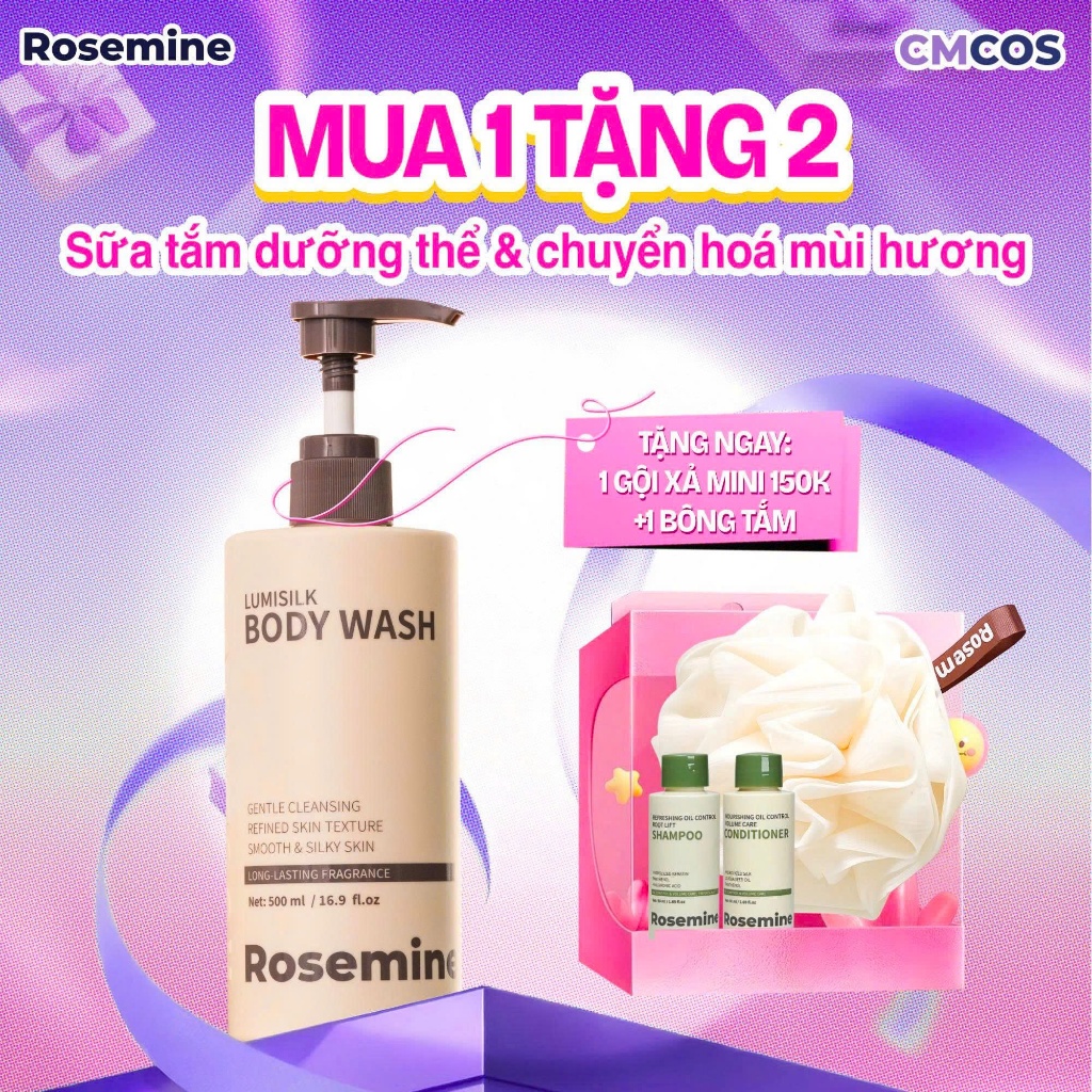 A21_ Sữa Tắm Dưỡng Thể & Chuyển Hoá Mùi Hương Rosemine 500ml + 1 Gội Xả Mini Màu Be & Bông Tắm