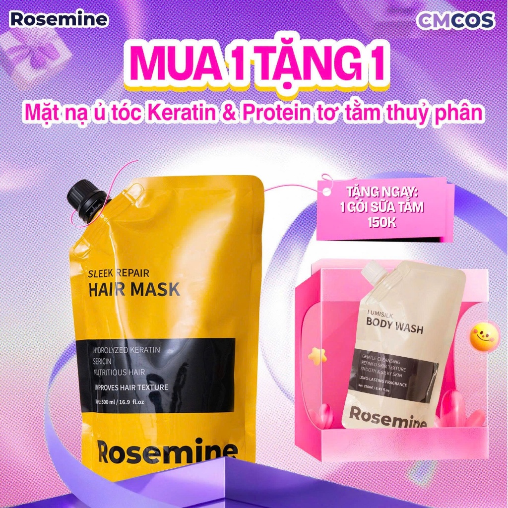 C56_ DEAL Gói Mặt Nạ Ủ Tóc Keratin & Tơ Tắm Thuỷ Phân Rosemine 500ml + Tặng 1 Gói Sữa Tắm 250ml