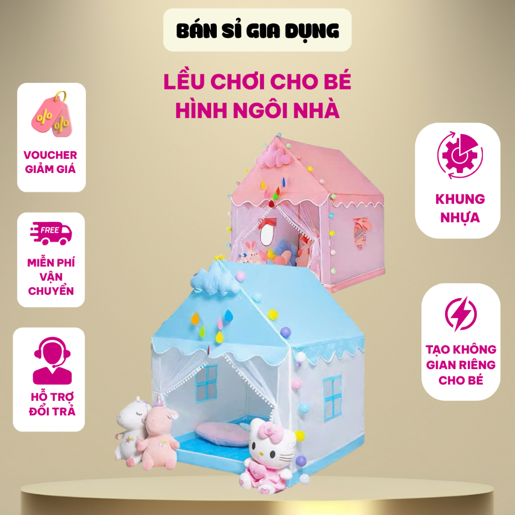 Lều chơi cho bé hình ngôi nhà cỡ đại khung nhựa lắp ráp dễ dàng tạo không gian riêng cho bé