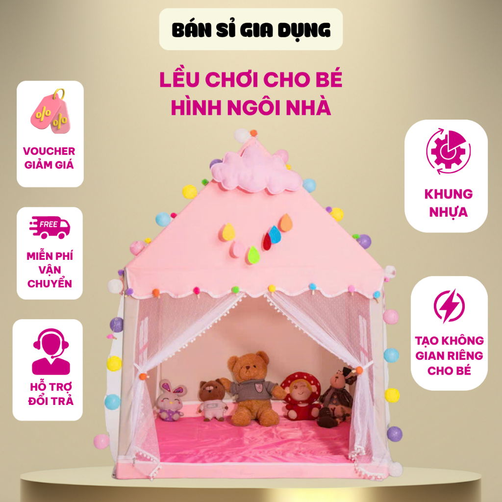 Lều công chúa hoàng tử cỡ đại hình ngôi nhà khung nhựa tạo không gian riêng cho bé vui chơi