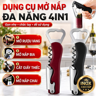 Dụng Cụ Mở Nắp Chai Đa Năng 4in1, Mở Nút Chai, Cắt Giấy Bạc, Tay Cầm Chống Trượt Tiện Lợi