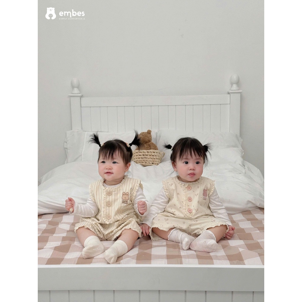 Bộ Jumpsuit Bé Gái Embes, Bộ Liền Thân Họa Tiết Phối Viền Ren Chất Cotton Cho Bé Gái Size Từ 8-18kg
