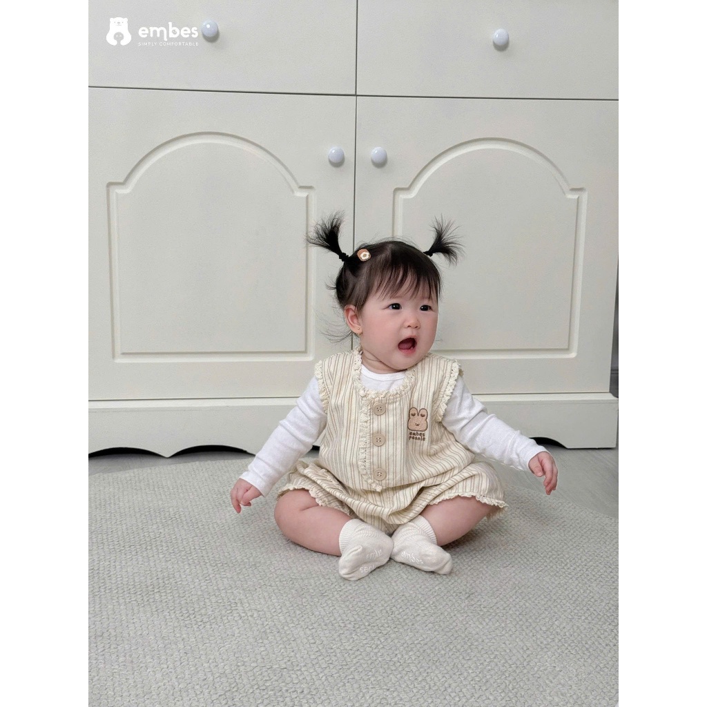 Bộ Jumpsuit Bé Gái Embes, Bộ Liền Thân Họa Tiết Phối Viền Ren Chất Cotton Cho Bé Gái Size Từ 8-18kg