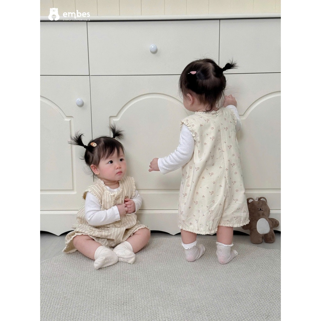 Bộ Jumpsuit Bé Gái Embes, Bộ Liền Thân Họa Tiết Phối Viền Ren Chất Cotton Cho Bé Gái Size Từ 8-18kg