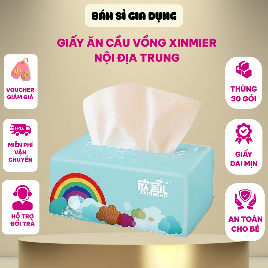 Giấy ăn gấu trúc cầu vồng XINMIER nội địa trung giấy màu trắng siêu dai thùng 30 gói