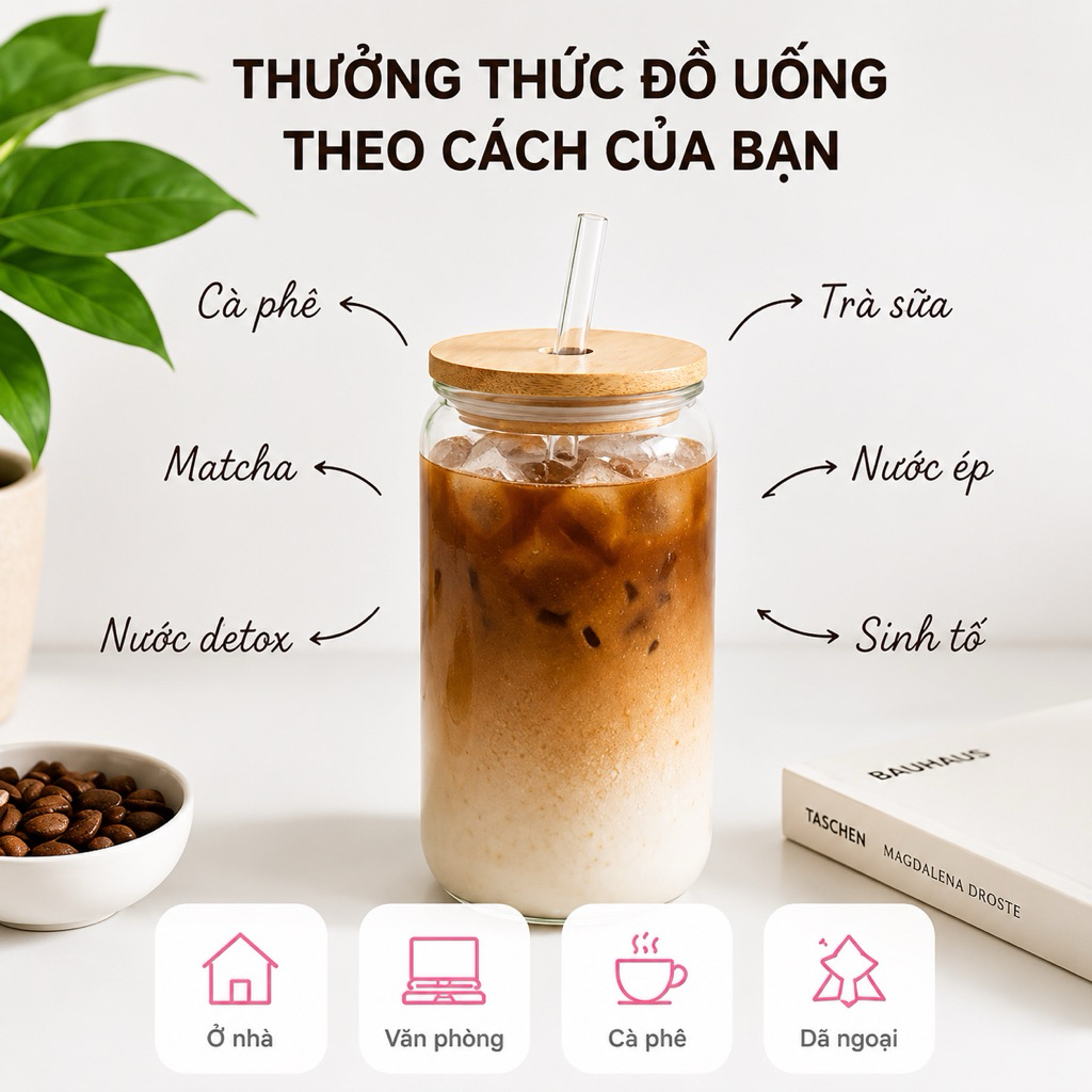Cốc Thủy Tinh Trơn 500ml, Ly Thủy Tinh 16Oz Chịu Nhiệt Kèm Phụ Kiện, Quà Tặng Sinh Nhật, Valentine