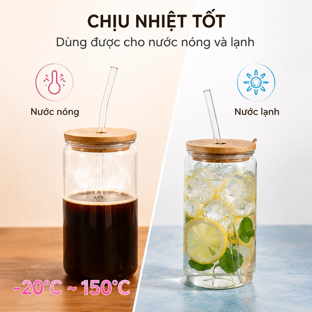 Cốc Thủy Tinh Trơn 500ml, Ly Thủy Tinh 16Oz Chịu Nhiệt Kèm Phụ Kiện, Quà Tặng Sinh Nhật, Valentine