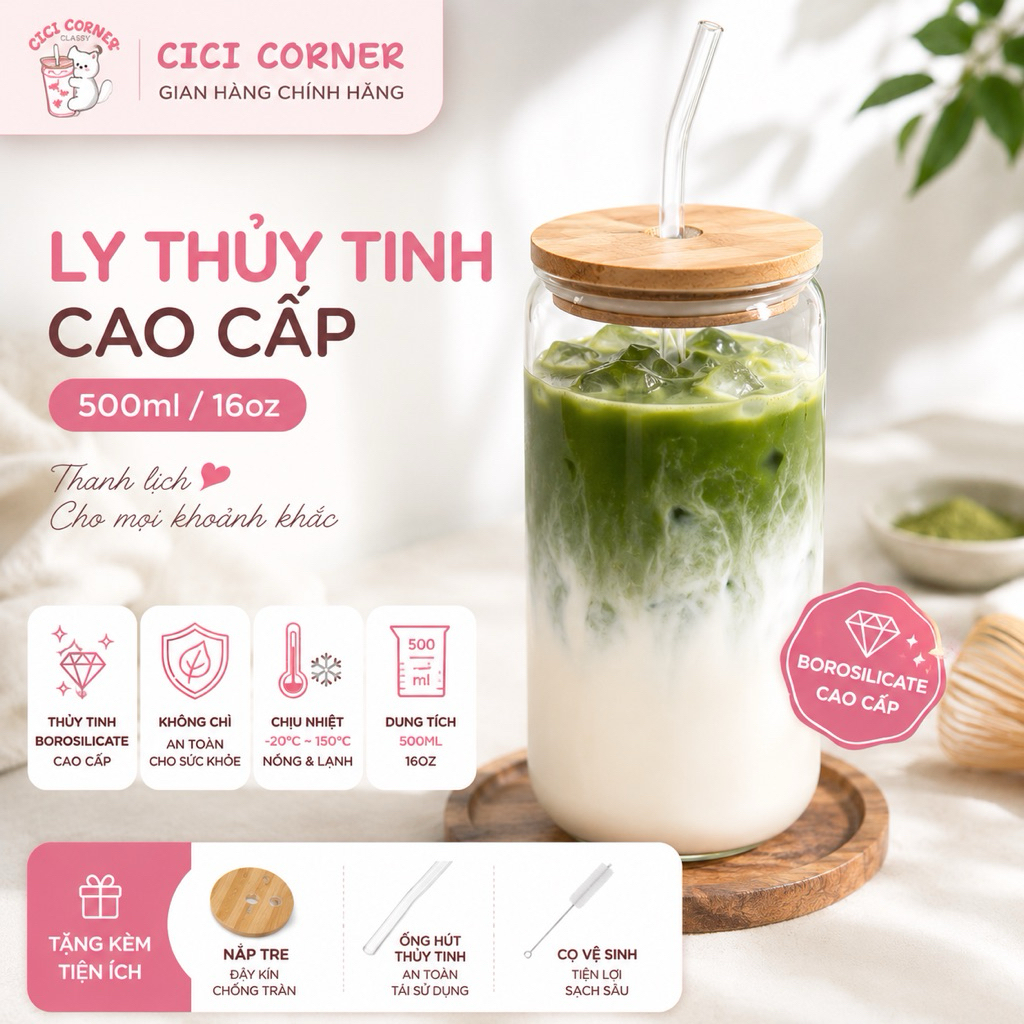 Cốc Thủy Tinh Trơn 500ml, Ly Thủy Tinh 16Oz Chịu Nhiệt Kèm Phụ Kiện, Quà Tặng Sinh Nhật, Valentine