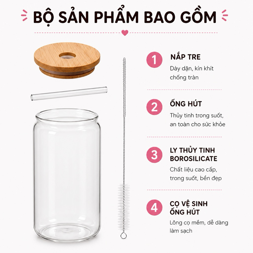 Cốc Thủy Tinh Trơn 500ml, Ly Thủy Tinh 16Oz Chịu Nhiệt Kèm Phụ Kiện, Quà Tặng Sinh Nhật, Valentine