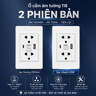 Ổ Cắm Âm Tường 118 USB Type-C, Ổ Cắm Đa Năng Sạc Thường / Sạc Nhanh 20W, Màu Trắng