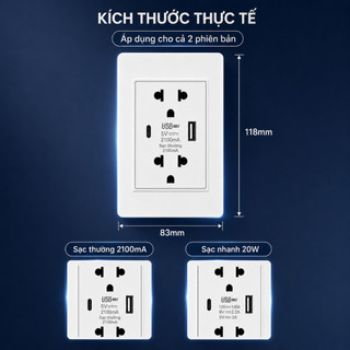 Ổ Cắm Âm Tường 118 USB Type-C, Ổ Cắm Đa Năng Sạc Thường / Sạc Nhanh 20W, Màu Trắng
