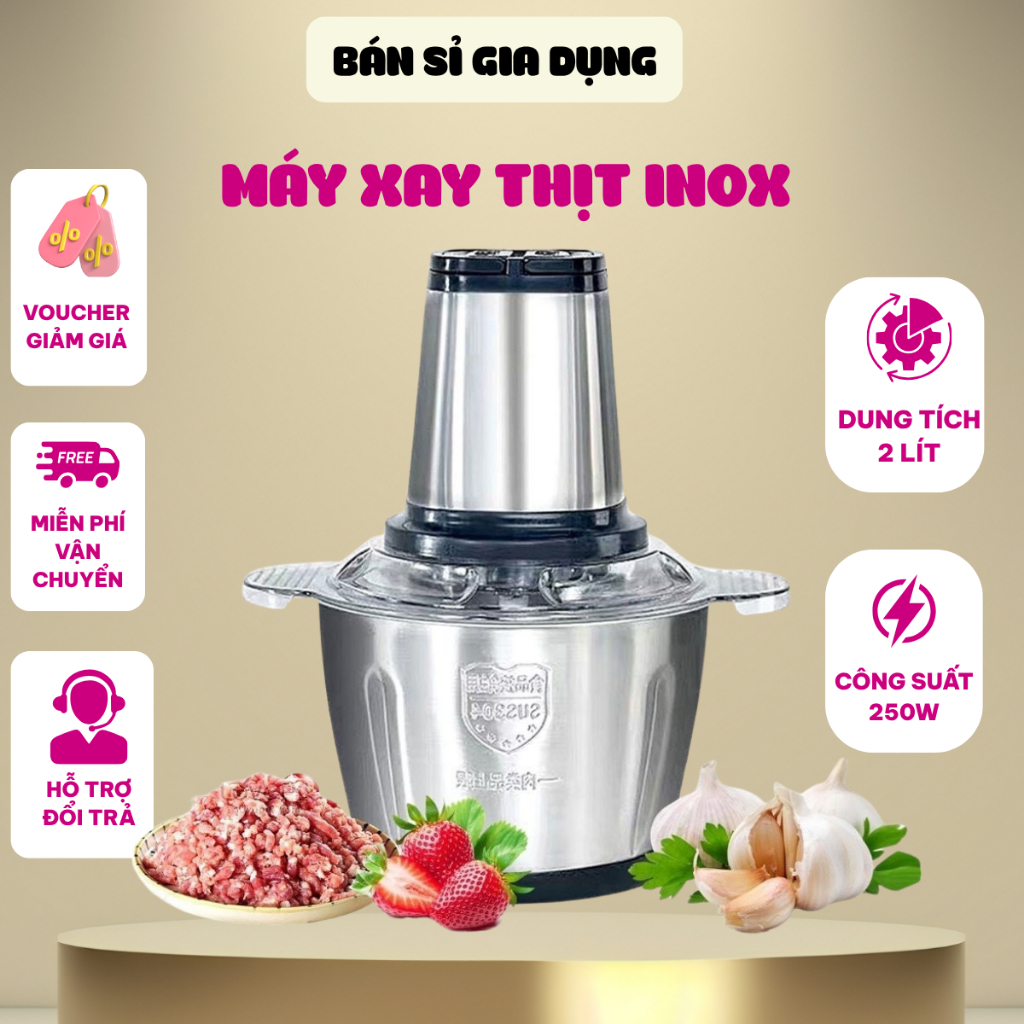 Máy xay thịt đa năng cối inox 2L cao cấp công suất 250W xay thịt cá rau củ tỏi ớt tiện lợi