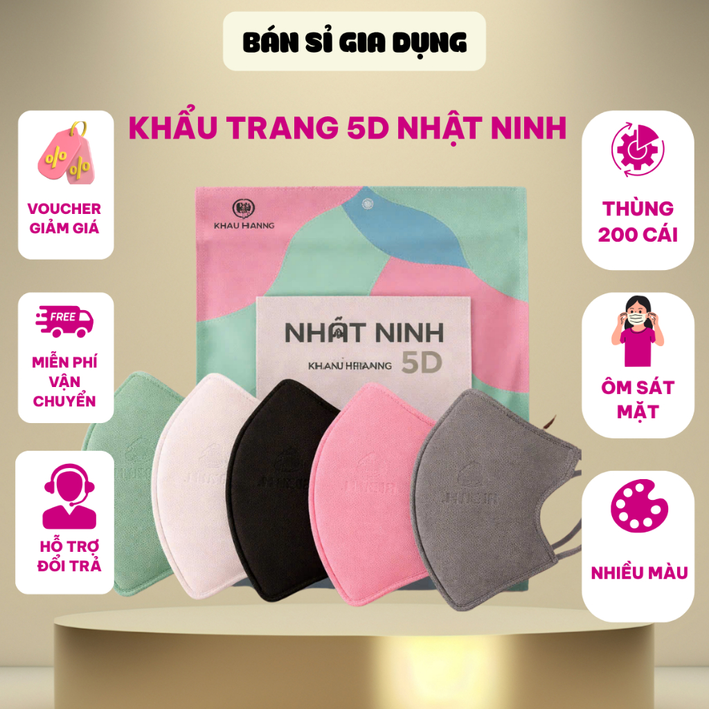 Thùng 200 cái khẩu trang 5D Nhật Ninh 3 lớp kháng khuẩn ôm sát mặt chống bụi mịn
