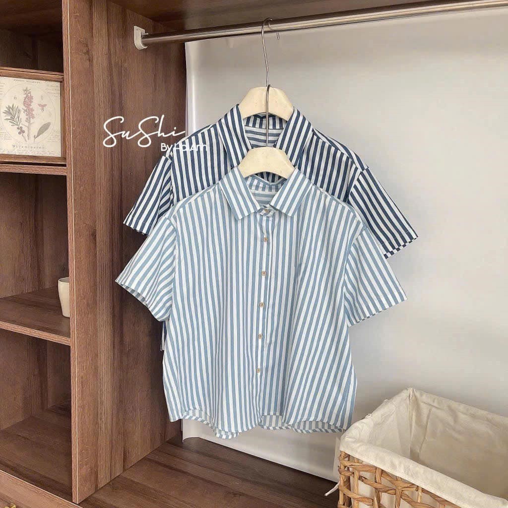 Áo sơ mi nữ Dona HCOM25182 , Áo sơ mi kiểu nữ ngắn tay kẻ sọc xanh dễ phối đồ