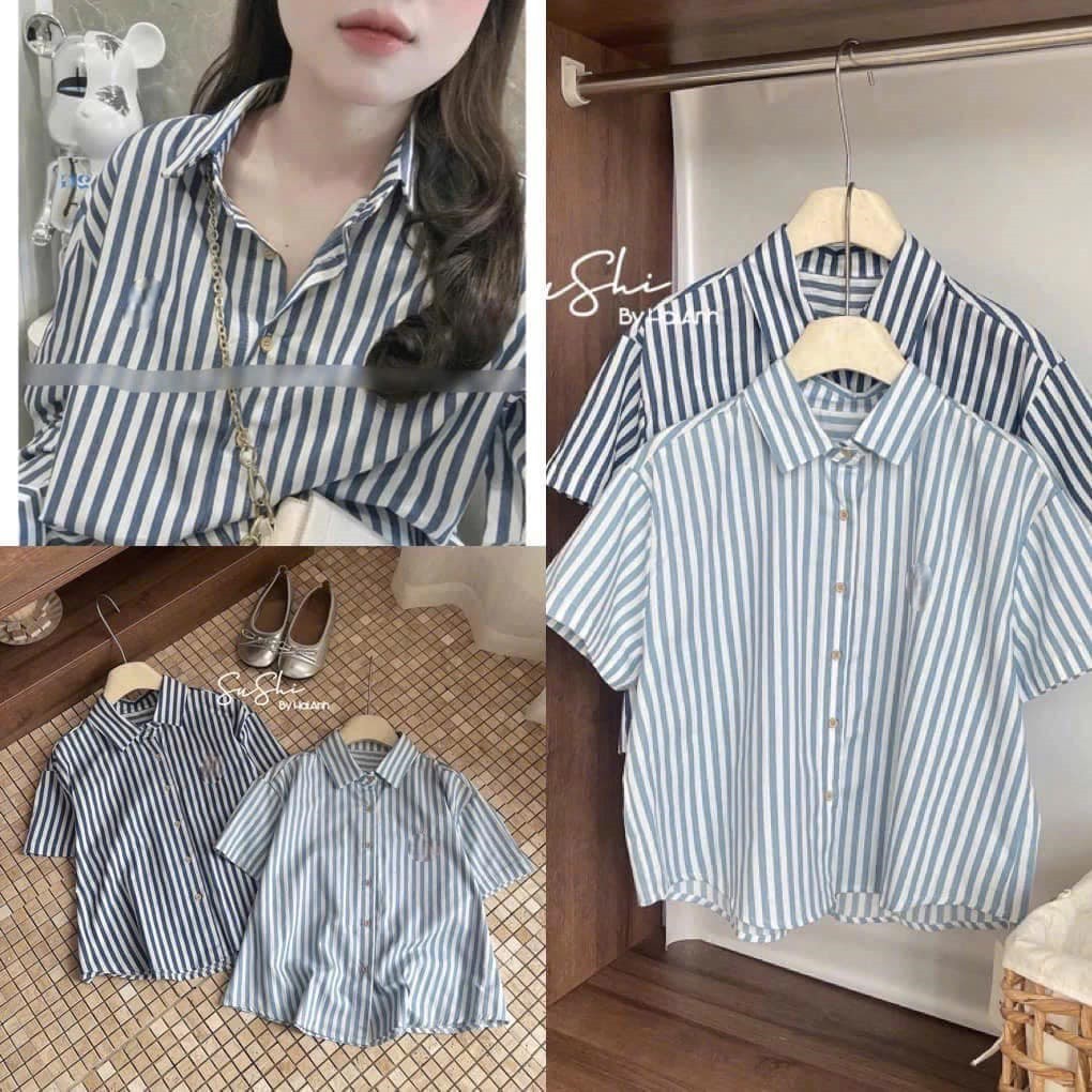 Áo sơ mi nữ Dona HCOM25182 , Áo sơ mi kiểu nữ ngắn tay kẻ sọc xanh dễ phối đồ
