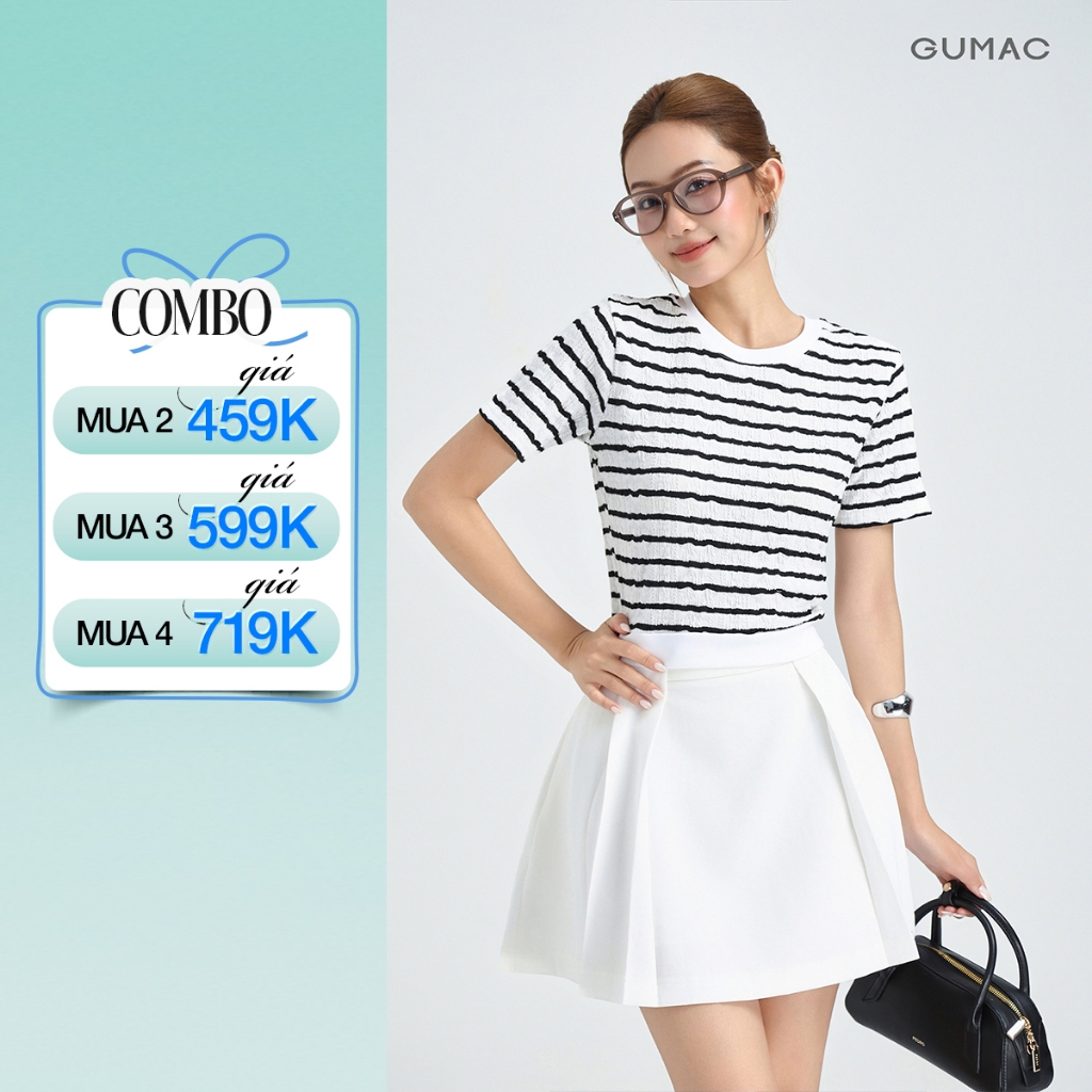Áo Thun Nữ GUMAC Áo Phông Kiểu Kẻ Sọc Ngang Dáng Ngắn Bo Eo Co Giãn Mềm Mát LATF0514