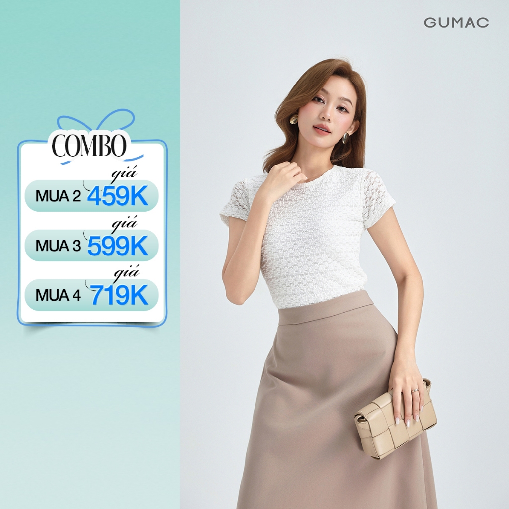 Áo Thun Ren Nữ GUMAC Áo Kiểu Công Sở Tay Ngắn Cổ Tròn Ôm Nhẹ Co Giãn Thiết Kế Sang Trọng Thanh Lịch LATF0918