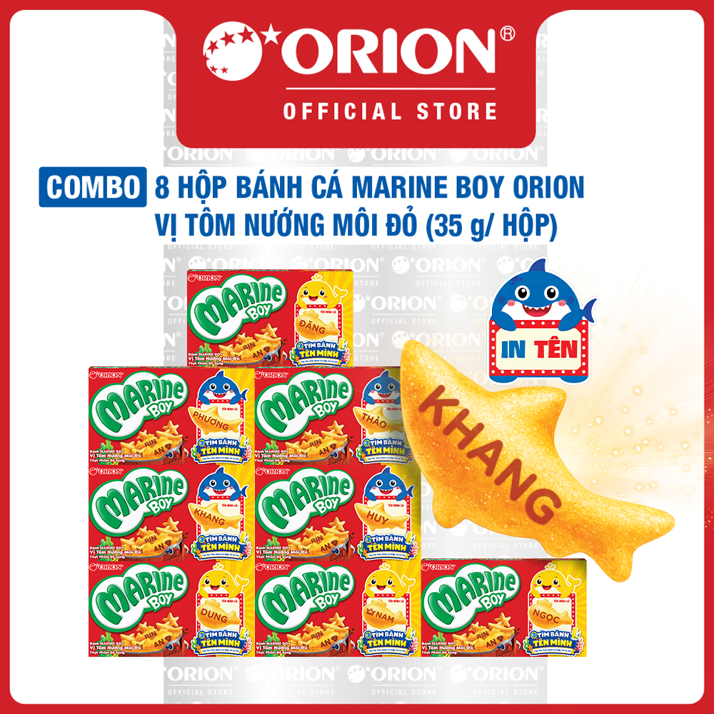 Combo 8 Hộp bánh Cá Marine Boy Orion vị Tôm Nướng Môi Đỏ 35g/hộp