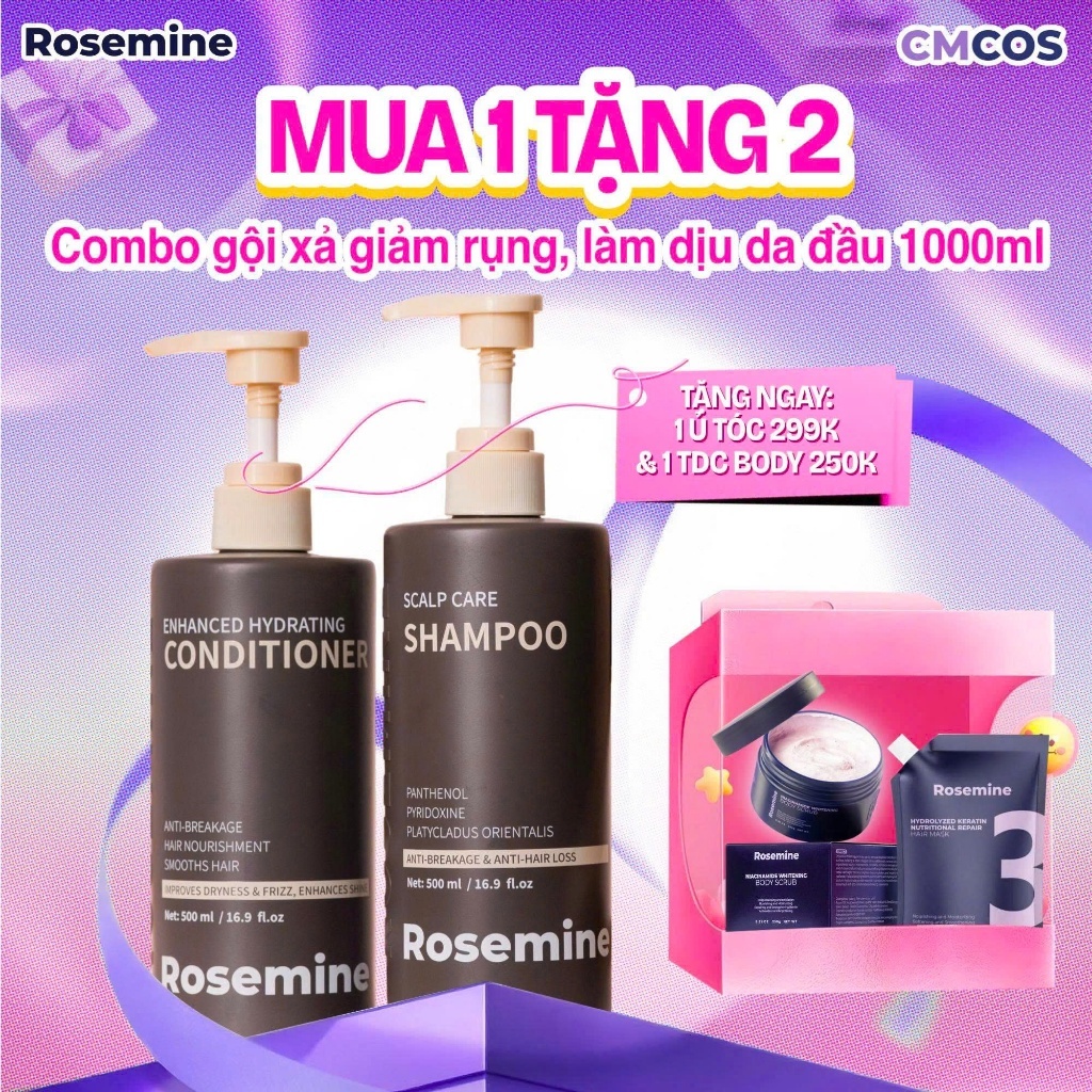 C43_ (KÈM QUÀ) [DEAL QUÀ BỘ NÂU] Combo Gội Xả Giảm Rụng & Làm Dịu Da Đầu Rosemine 1000ml + 1 Ủ Tóc & 1 TDC Body