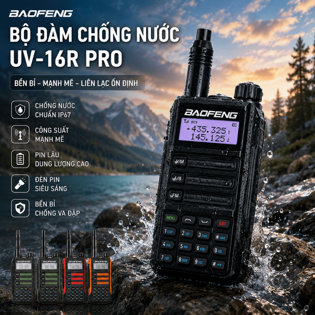 Bộ Đàm Baofeng UV-16R Pro Kết Nối 2 Chiều, Chống Thấm Nước IP68, Bao Gồm Đầy Đủ Phụ Kiện Đi Kèm